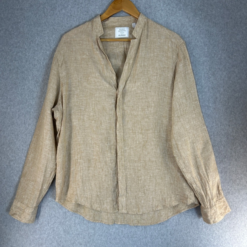 Murano Baird McNutt Linen Shirt Tan Beige V-Neck Roll Tab‎ Sleeve Womens Large